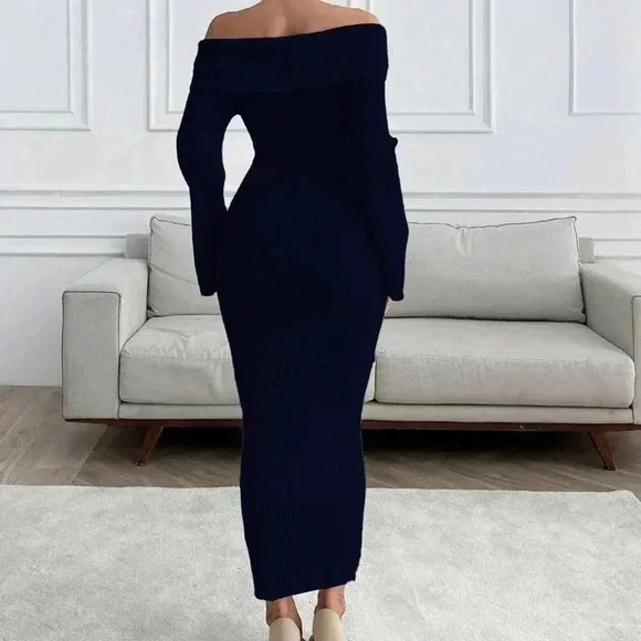 Black Elegant Women's Off Shoulder Sweater Maxi Dress Slim Fit - Picture 2 of 7